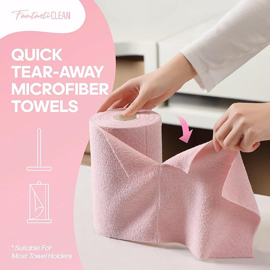 Fantasticlean Microfiber Cleaning Cloth Roll 2 Rolls 120 Pack, Tear Away Paperless Towels, 8" x 8", Reusable Washable Rags, House Kitchen, Pet, Office, Indoor Outdoor, Portable (Pink and Off-White)
