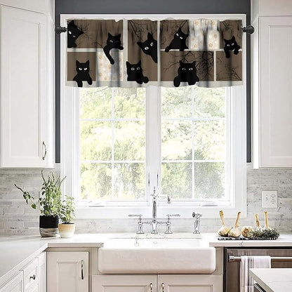 Cat Valances Curtain for Kitchen, Funny Black Cat Branches Brown Pattern Window Treatment Valances Short Curtains Rod Pocket Drape for Dining Room Home Farmhouse Decor, 54x18inch