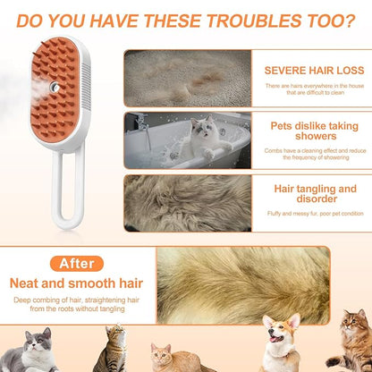 Steam Brush for Cat & Dog – 3-in-1 Spritz Pet Spray Hair Removal Comb for Grooming & Shedding Steam – Water Brush for Long & Short Haired Pets