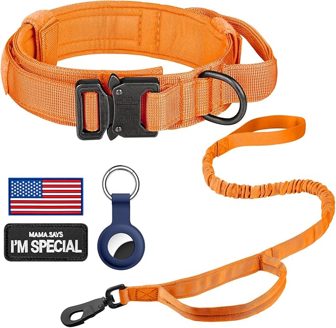 DAGANXI Tactical Dog Collar, Adjustable Military Training Nylon Dog Collar with Control Handle and Heavy Metal Buckle for Medium and Large Dogs, with Patches and Airtags Case (Orange-Set, XL)