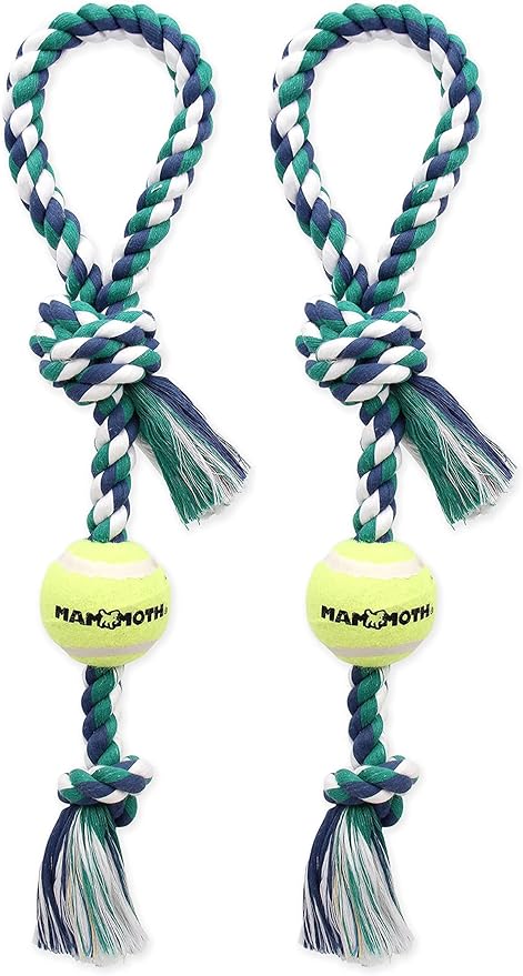 Mammoth Flossy Chews Color 3 Knot Tug with Tennis Ball Premium Cotton-Poly Tug Toy for Small to Medium Dogs - Assorted Colors
