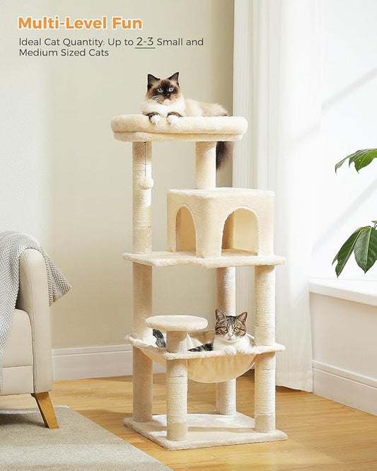 MUTTROS Cat Tree for Indoor Cats, 45.7" Multi-Level Cat Tower with Large Metal Frame Hammock, Cat Condo with 4 Scratching Posts and Top Perch for Small Medium Cat, Beige