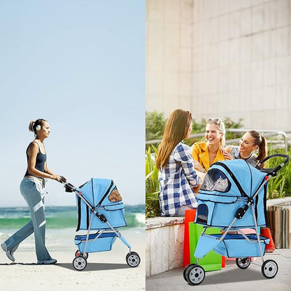 Best 3 Wheels Pet Stroller for Dog Stroller Cat Stroller, Lightweight and Foldable Pet Jogger Stroller, Carrier Strolling Cart W/Cup Holders Removable Liner for Small and Medium Dog Cat or Pet - Blue