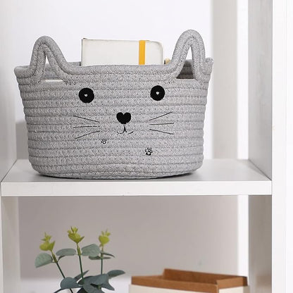 Zopeal Cat Basket Storage Woven Organizer with Ears Easter Decorative Pet Toy Cute Cotton Rope Basket for Gift Cat Dog Toy Bin Nursery Room(8.3 x 4.7 Inch,Light Gray)