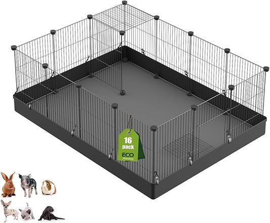 LANGXUN 16pcs Small Animal Pet Playpen with Door & Waterproof Mat, Rabbit Guinea Pig Cage, Puppy Kitten Playpen | Indoor & Outdoor Portable Metal Wire Yard Fence 13x13in