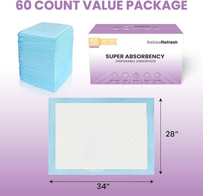 60 Count Super Absorbency Large 28" X 34" Disposable Underpads, Leakproof Quick Drying for Multi-use for Babies, Puppy Pads and Adults, Chucks, Disposable Diaper Changing Pad for Baby, Blue