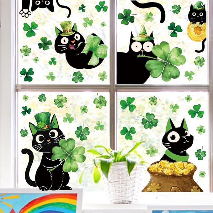 Whaline 6 Sheets St. Patrick' s Day Window Clings Black Cat Green Shamrock Clover Window Decal Reusable Anti-Collision Windows Decor for Irish Holiday Party Supplies