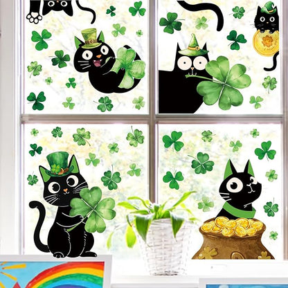 Whaline 6 Sheets St. Patrick' s Day Window Clings Black Cat Green Shamrock Clover Window Decal Reusable Anti-Collision Windows Decor for Irish Holiday Party Supplies