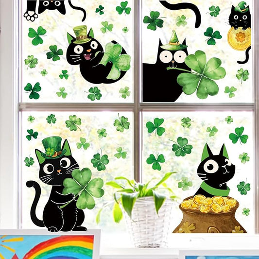 Whaline 6 Sheets St. Patrick' s Day Window Clings Black Cat Green Shamrock Clover Window Decal Reusable Anti-Collision Windows Decor for Irish Holiday Party Supplies