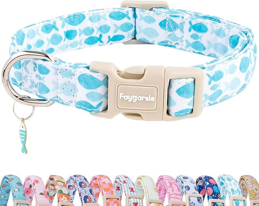 Faygarsle Fish Pattern Dog Collar, Adjustable with Buckle, Blue and White, Summer Design for Small Medium Large Dogs S