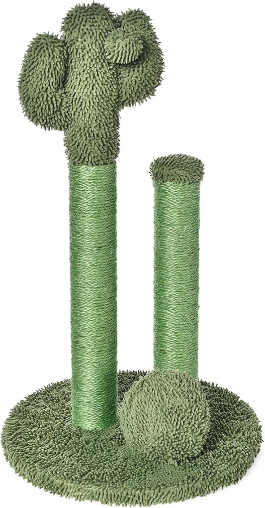 Amazon Basics Sisal Cat Scratching Post, Indoor Cactus Triple Posts for Cats & Kittens with Dangling Ball, Small, 22.4"H, Green