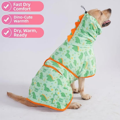 LovinPet 3‑in‑1 Dog Warm Winter Coat & Bathrobe, Hooded Dinosaur Fleece, Lightweight High‑Loft, Absorbent Knit, Quiet Hook‑and‑Loop, Wind‑Blocking Edges, Dog Robes for Medium & Large Dogs, Green,M