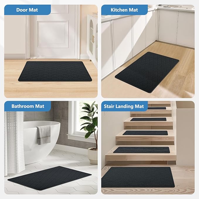 Stair Treads Non Slip Landing Rug for Wooden Steps Indoor, Peel and Stick Stair Treads Matching-Mat 20"X32" Landing Slip Resistant Stair Rugs for Kids and Dogs, Black