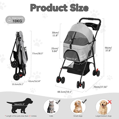 4 Wheels Pet Stroller,Dog and Cat Foldable Strollers, Removable Carrier, Breathable Mesh Canopy, Storage Basket and Cup Holder, Lightweight Travel Carrier, Pet Carrying Cart for Walks Outings Shoppin