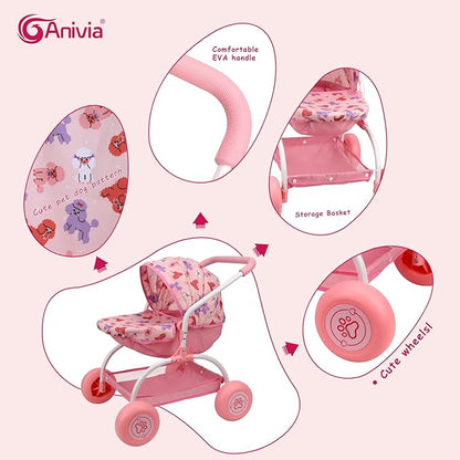 ANIVIA Doll Stroller Toy Realistic Doll Stroller Heart Design Gifts for Toddlers and Girls Foldable Baby Doll Stroller Toy