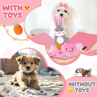Zeaxuie Pink Puppy Toys for Teething - 9 Pack Small Dog Set With Chew, Squeaky Crinkle, Treat Ball and Interactive Rope for Puppies