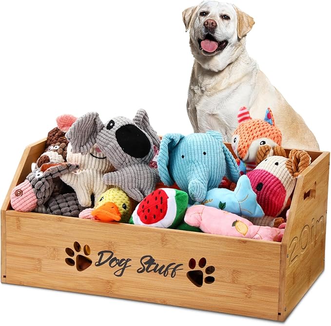 Leinuosen Large Dog Toy Bin Basket, 20 Inch Large Stuff Toy Storage Basket Bin with Bone Handle Cutout Pattern Bamboo Container for Organizing and Storage Dog Leash Chew Toys(Natural, Undivided)