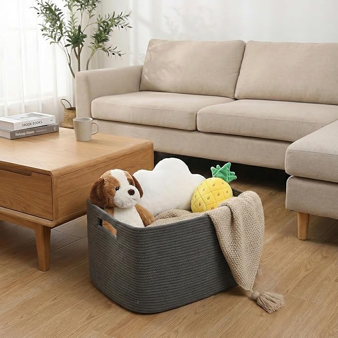 Woven Blanket Basket,65L Large Storage Bin for Blankets Toys Clothes,Decorative Rope Basket for Living Room Bedroom with Handles, Grey