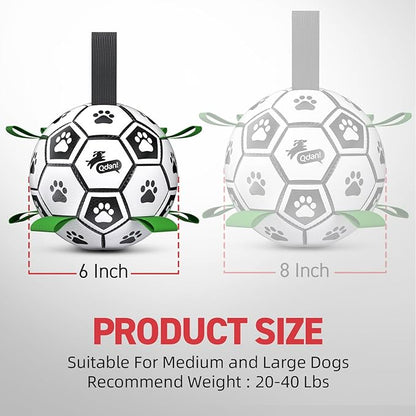 QDAN Dog Soccer Balls Toy with Bell Inside, Outdoor Interactive Toys for Tug of War, Puppy Birthday Gifts, Water Toy, Durable Ropes Squeaky Ball for Small Medium Dogs （6 INCH）