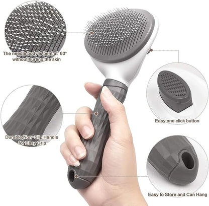 Cat Grooming Brush, Self Cleaning Slicker Brushes for Dogs Cats Pet Grooming Brush Tool Gently Removes Loose Undercoat, Mats Tangled Hair Slicker Brush for Pet Massage-Self Cleaning Upgraded (Grey)