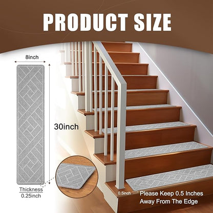 15 Pack 8 "X 30" Non-Slip Carpet Stair Treads for Indoor Wooden Steps, Made of Polyester and Reusable Adhesive, Suitable for Kids Elders and Pets（Light Grey Lines）