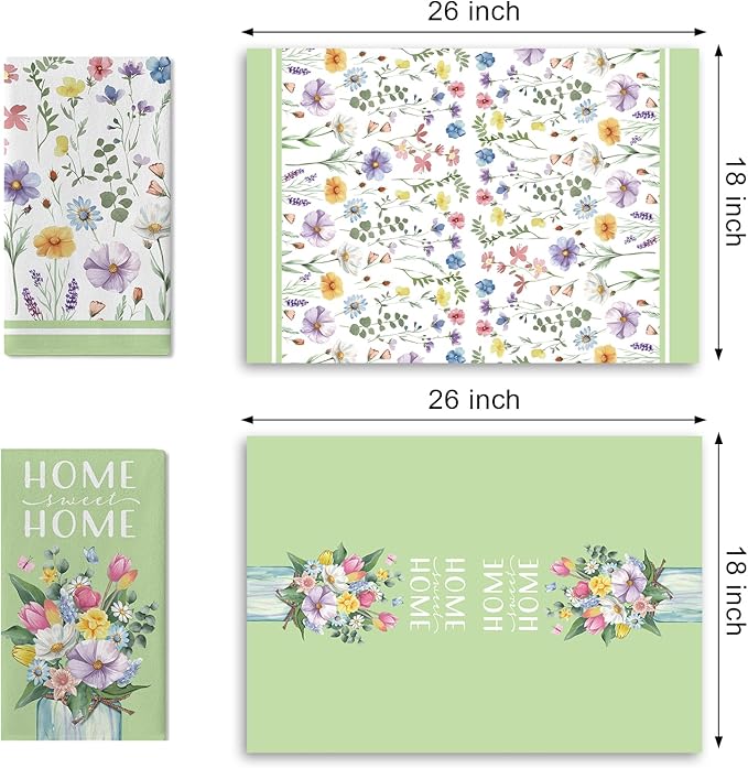 Spring Summer Floral Kitchen Dish Towels Set of 2, Green Floral Home Sweet Home Drying Hand Towel Baking Cooking Cloth, Wildflower Mason Jar Family Bathroom Decoration 18'' x 26''