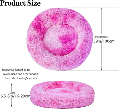 Calming Dog Bed for Big Dogs, 39'' Round Anti-Anxiety Warm Fluffy Plush Faux Fur Bed, Soft Anti-Slip Donut Washable Big Pet Bed, Cozy Big Dogs Bed, Fits up to 100 lbs Pets