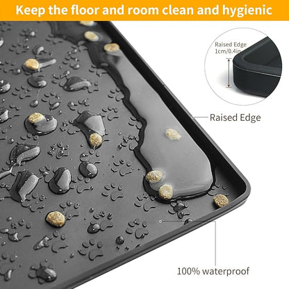 Ptlom Silicone Pet Placemat for Dog and Cat, Waterproof Anti-Slip Pet Feeding Bowl Mats for Food and Water, Small Medium Large Tray Mat Prevent Residues from Spilling to Floor, Black, 31.5" 23.6"