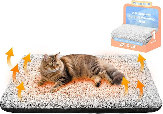 Self Warming Pet Bed for Cats & Dogs, Heated Pet Mat, 2.0 Upgraded Thermal Foil Heating Pad, Plush Self-Heating Bed for Crate, Floor, with Removable Washable Cover, Non-Slip, Gray, 22"x34"