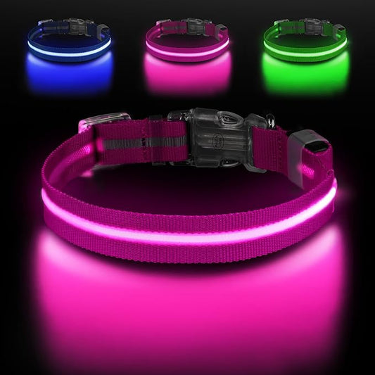 Light Up Dog Collar, Adjustable USB Rechargeable Glow in Dark Dog Collar ，Waterproof Dog Collars for Large Dogs (Pink, Large)