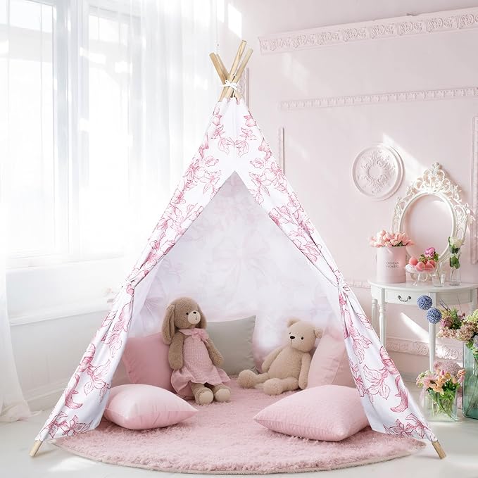 Floral Bow Teepee Tent Indoor Play Tent Coquette Playhouse Foldable Teepee for Indoor Reading Nook Room Decor