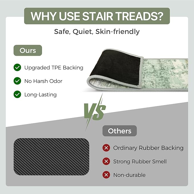 Carpet Stair Treads Non Slip 15PCS, 8" X 30" Edging Stair Runner for Wooden Steps Indoor, Resistant Stair Rugs with Reusable TPE Adhesive Backing, Residue Mat for Elders, Pets, Moss/Ivory