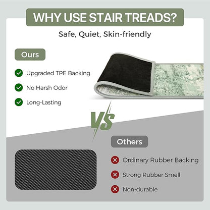 Carpet Stair Treads Non Slip 15PCS, 8" X 30" Edging Stair Runner for Wooden Steps Indoor, Resistant Stair Rugs with Reusable TPE Adhesive Backing, Residue Mat for Elders, Pets, Moss/Ivory