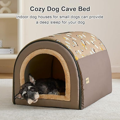 Jiupety Indoor Dog House, 2-in-1 Portable Foldable House Bed with Cover, Pet Tent & Cave Bed for Medium Dogs, XL(28"×21"×19"), Up to 40 Lb, Brown