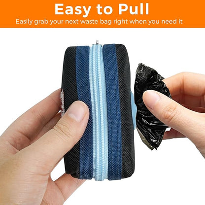 Dog Poop Bag Holder Zippered Pouch, Portable Dog Poop Bag Dispenser with 1 Metal Clip, Fashion Color Matching Canvas Waste Bag Holder for Leashes - Blue & Black