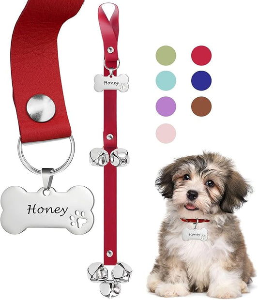 Leather Dog Bells, Puppy Potty Training Bell Dog Doorbell Potty Train Dog Bell for Potty Training Door Bells for Dogs to Ring to Go Outside Jingle Bells (Leather Red, Bone 1 PCS)