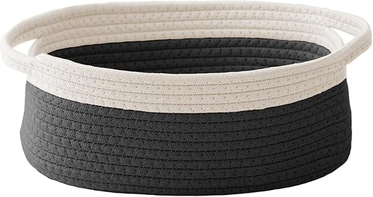 Woven Basket,Small Rope Storage Bin with Handles & Ribbon Bag, Organizer for Shelves Closets,Gift Basket Empty for Birthday,Books,Dog Toys, White&Black
