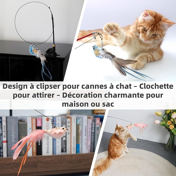 11PCS Realistic Bird Cat Toy Refills – Handmade Feather Cat Toys with Bell, Clip-on Cat Wand Attachments – Interactive Cat Toys for Indoor Cats, Refill Set for Wand Toy or Cute Home Décor