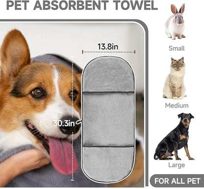 Dog Washing Gloves - Quick Drying Dog Towel,Cat Bath Grooming Gloves Brush with High-Density Teeth for Bathing Massaging，Absorbent Pet Bath Towel 30.3"x13.8" with Hand Pocket for Dog Cat Grey