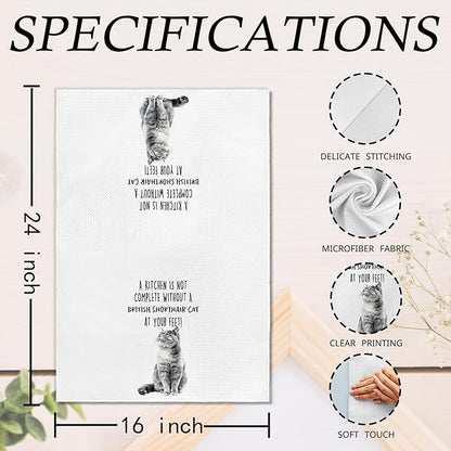 Funny British Shorthair Cat Kitchen Towels, British Shorthair Cat Mom Lady Lovers Gifts for Women Hand Towels, Pet Lover Gifts Dishcloths Dish Towel for Kitchen 16x24 Inches Set of 2
