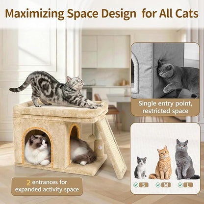 Cat Tree Tower Bed with Scratching Post for Indoor, Heavy Duty Small Stand House Condo for Large Cats & Kittens, Platform Perch Hideout Climb Rest Area, Modern Sturdy Furniture, Beige