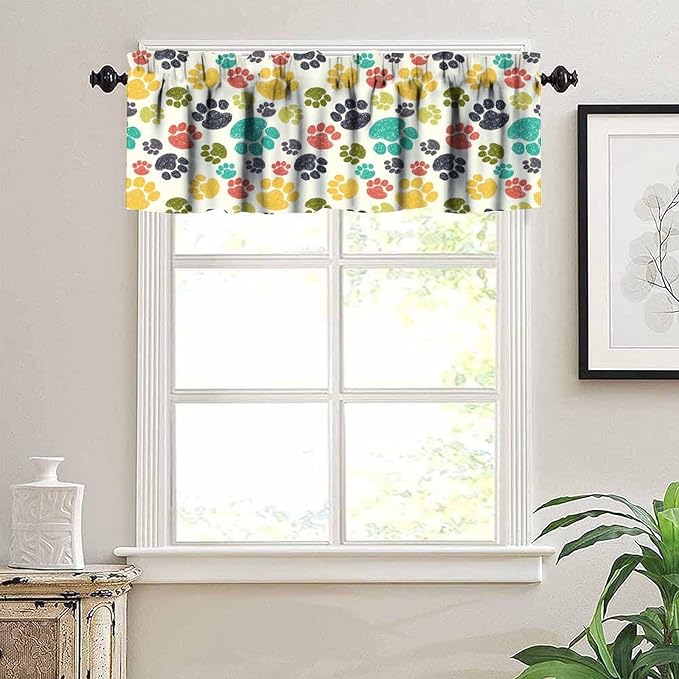 Paw Valances Curtain for Kitchen, Colorful Animal Paws Print Window Treatment Valances Short Curtains Rod Pocket Drape for Dining Room Home Farmhouse Decor, 54x18inch