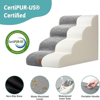 Dog Stairs for Small Dogs 19.7" H, Curved Dog Step for Puppy, Older or Cat, Medium Pet Ramp for Sofa, Couch or Bed, Ladder with High Density Foam, 4 Step, 15.7x28.3x19.7 inch, Grey