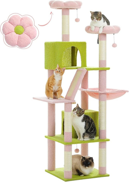 MUTTROS Flower Cat Tree, 70.9-inch Tall Cat Tower in Blossom Pink with 2 Condos & Large Hammock, Whimsical Cat Activity Center with Pom Poms for Indoor Cats