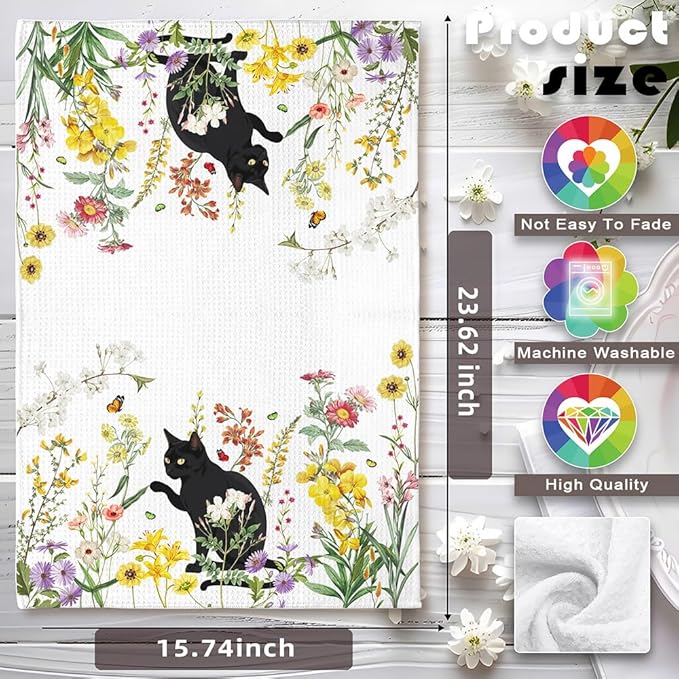Cat Kitchen Towels - Quick-Dry Cat Hand Towels in Blooming Floral Tapestry, Contrast Art Dish Towel for Garden Pet Moms | Decorative Dish Towel & Verdant Home Accent, Floral Towel Gift