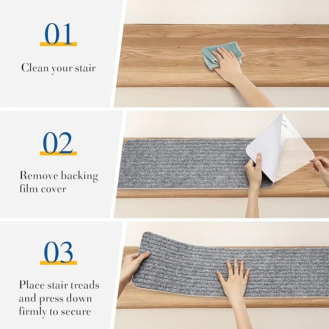 RIOLAND Stair Treads Carpet Non-Slip Indoor 15PCS Stair Runners for Wooden Steps, Stair Rugs for Kids and Dogs, 8" X 30", Light Gray