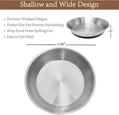2 Pack Stainless Steel Whisker Friendly Shallow and Wide Cat Bowls for Food and Water, Non-Slip Silicone Cute Bottom for Small Dog Puppies Cats.