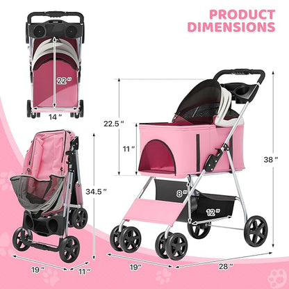 Magshion Foldable Pet Stroller, 3-in-1 Dog Travel Jogger with Detachable Carrier, Cup Holder, Storage Basket, Folding Carrier for Small/Medium Dogs & Cats Up to 33 lbs, Pink