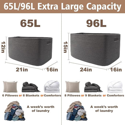 Woven Blanket Basket,96L Large Storage Bin for Blankets Toys Clothes,Decorative Rope Basket for Living Room Bedroom with Handles, Grey