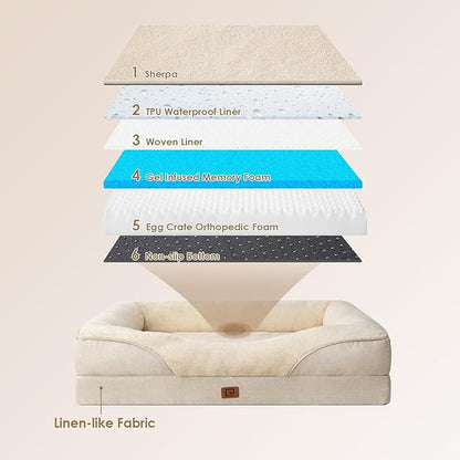 EHEYCIGA Orthopedic Dog Bed for Large Sized Dog, 36x27x7 Inch Large Memory Foam Dog Couch Bed with Sides, Waterproof Liner & Washable Removable Cover, Bolster Pet Sofa, Beige
